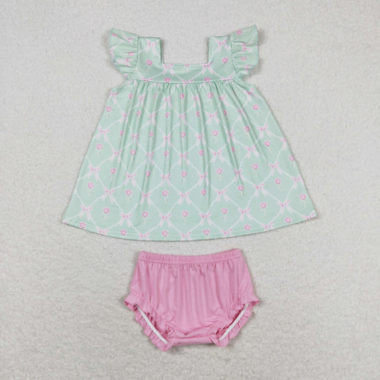 GBO0353 Flower bow green flying sleeve pink briefs set high quality baby girl clothing sets summer