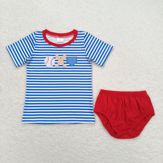 GBO0355 Embroidered baseball blue and white striped short-sleeved top red briefs high quality wholesale boy outfits clothing
