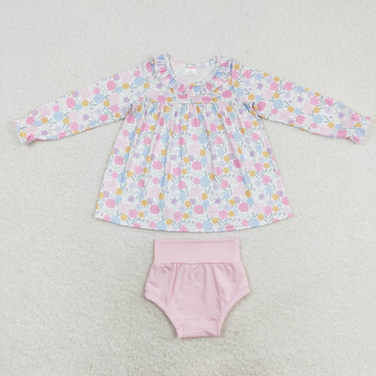 GBO0391 Floral long-sleeved pink briefs suit summer baby girl clothing sets sleeveless t-shirt