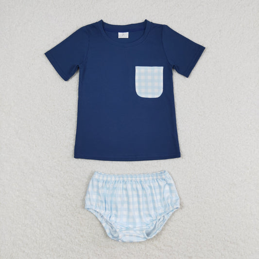 GBO0399 Blue checkered pockets dark short-sleeved briefs suit boys clothing sets short