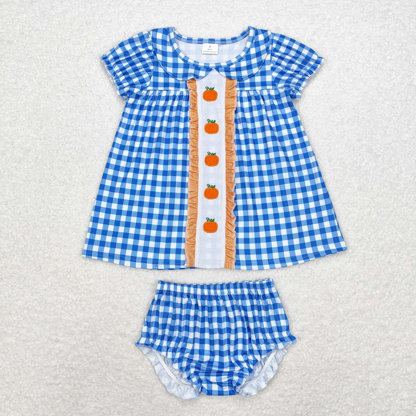 GBO0431 Embroidered pumpkin blue plaid doll neck short-sleeved briefs suit