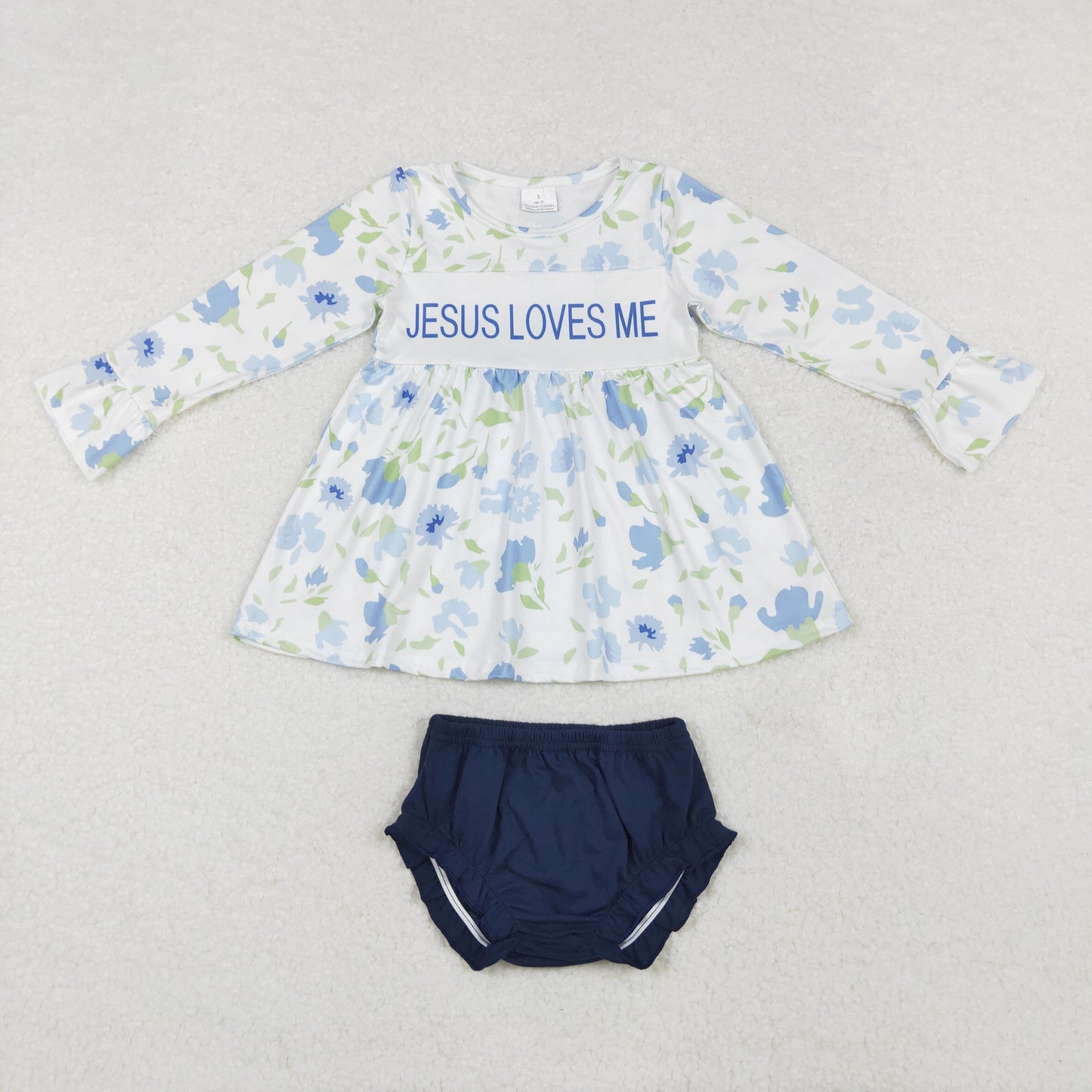 GBO0435 jesus loves me floral long-sleeved blue briefs suit