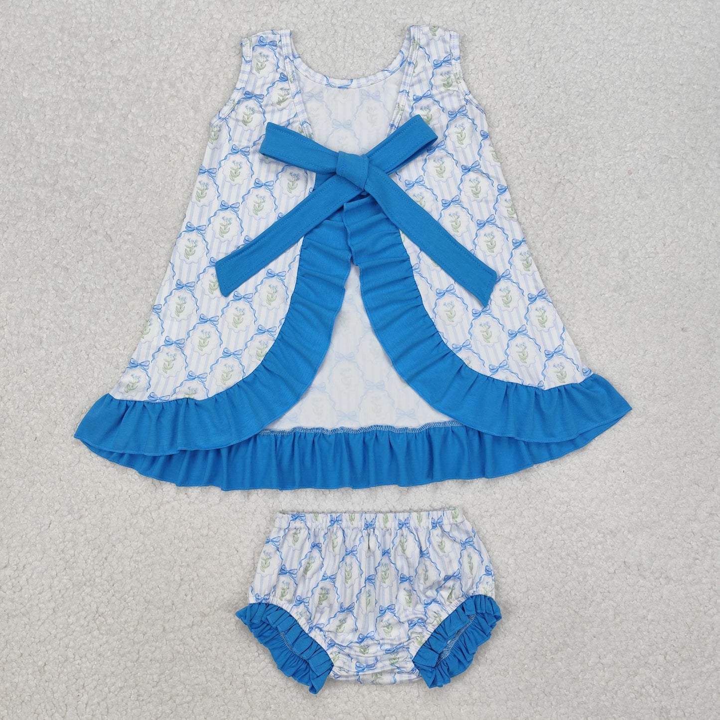 GBO0450 Sleeveless blue ruffle bows flowers top briefs outfit RTS 202412