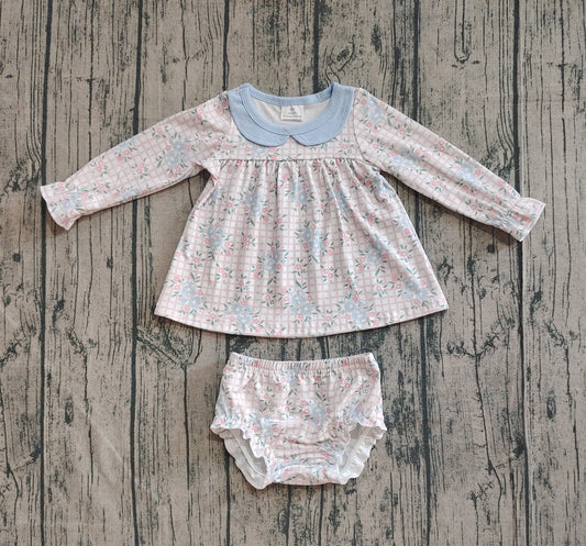 preorder  GBO0466 flower plaid blue doll collar long sleeve top briefs girls sets 202508