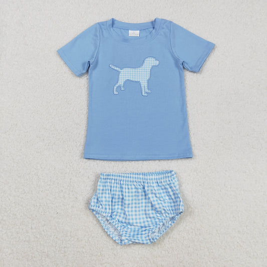 GBO0470 Embroidered Puppy Blue Short Sleeve Plaid Briefs Girls Sets 202508 RTS