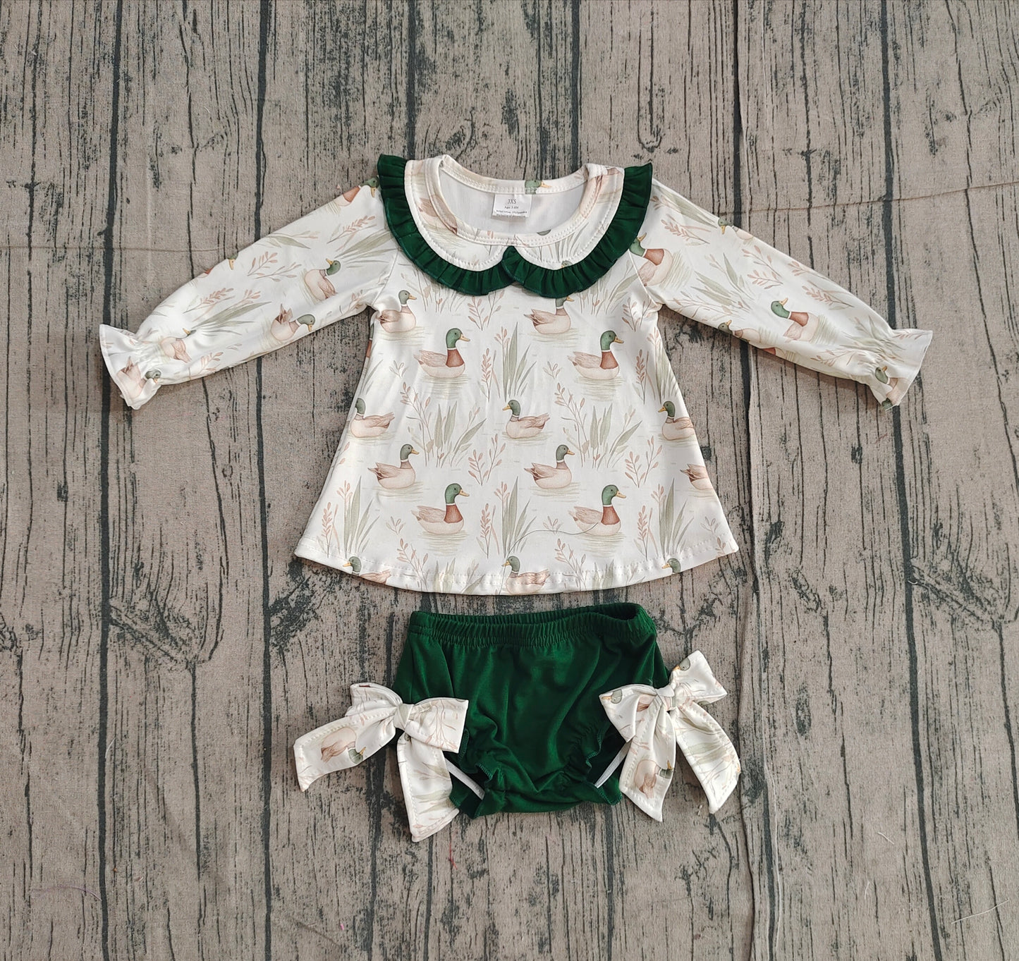 NO MOQ preorder GBO0482 Ducks Pattern Doll Collar Green Ruffle White Long Sleeve Bubble Bummies Girls Sets 202512