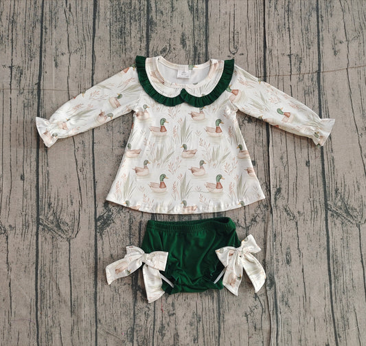 NO MOQ preorder GBO0482 Ducks Pattern Doll Collar Green Ruffle White Long Sleeve Bubble Bummies Girls Sets 202512