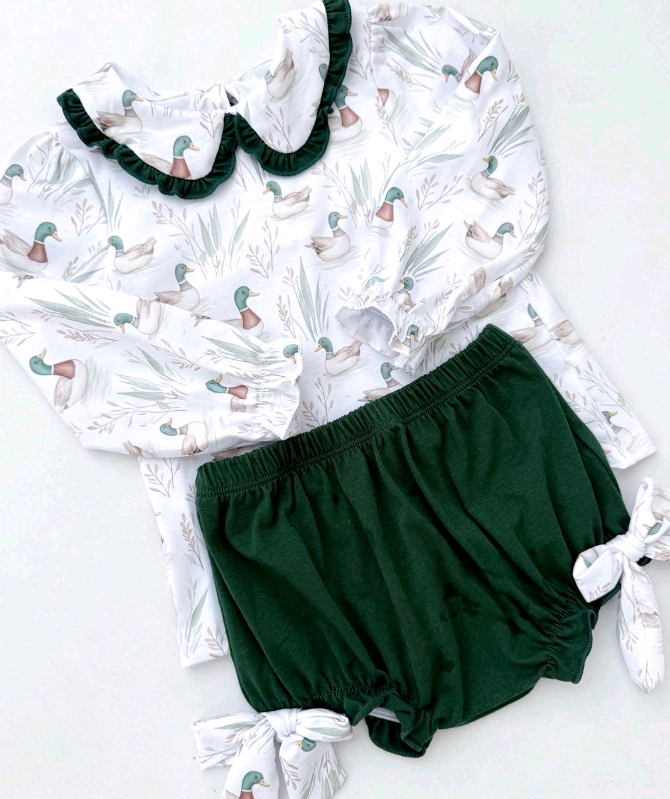 MOQ 8 preorder GBO0482 Ducks Pattern Doll Collar Green Ruffle White Long Sleeve Bubble Bummies Girls Sets 202509
