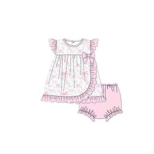 MOQ 5 preorder GBO0483 Flower Bows Ruffle Pink Flying Sleeve Bubble Bummies Girls Sets 202510