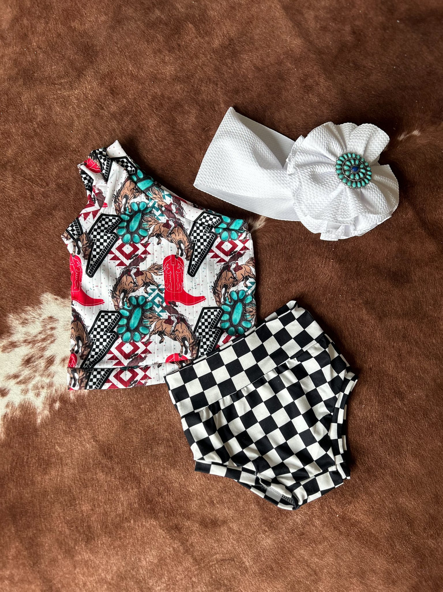 MOQ 5 PCS preorder GBO0485 Boots Horse Riding Lightning Black White Plaid Sleeveless Bummies Girls Sets 202511