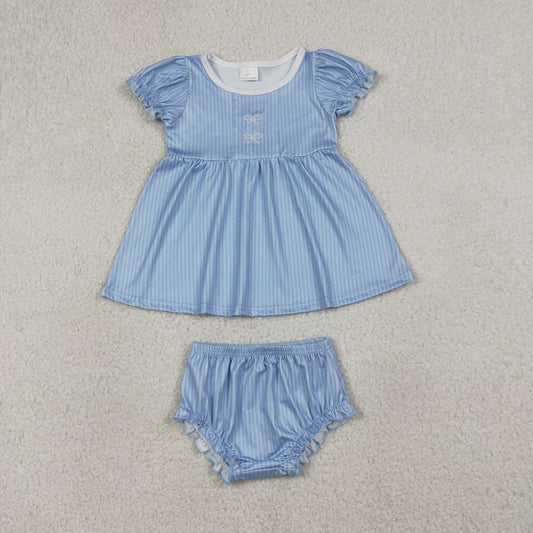 GBO0486 Embroidered Bows Stripe Blue Short Sleeve Bummies Girls Sets 202603 RTS