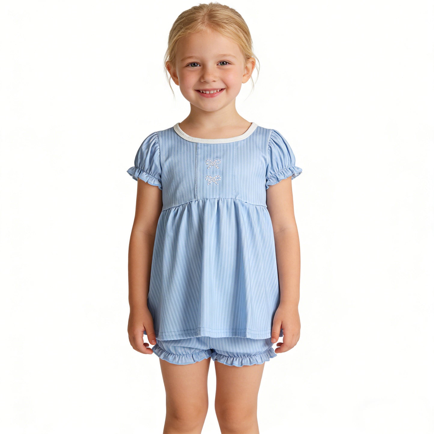 GBO0486 Embroidered Bows Stripe Blue Short Sleeve Bummies Girls Sets 202603 RTS
