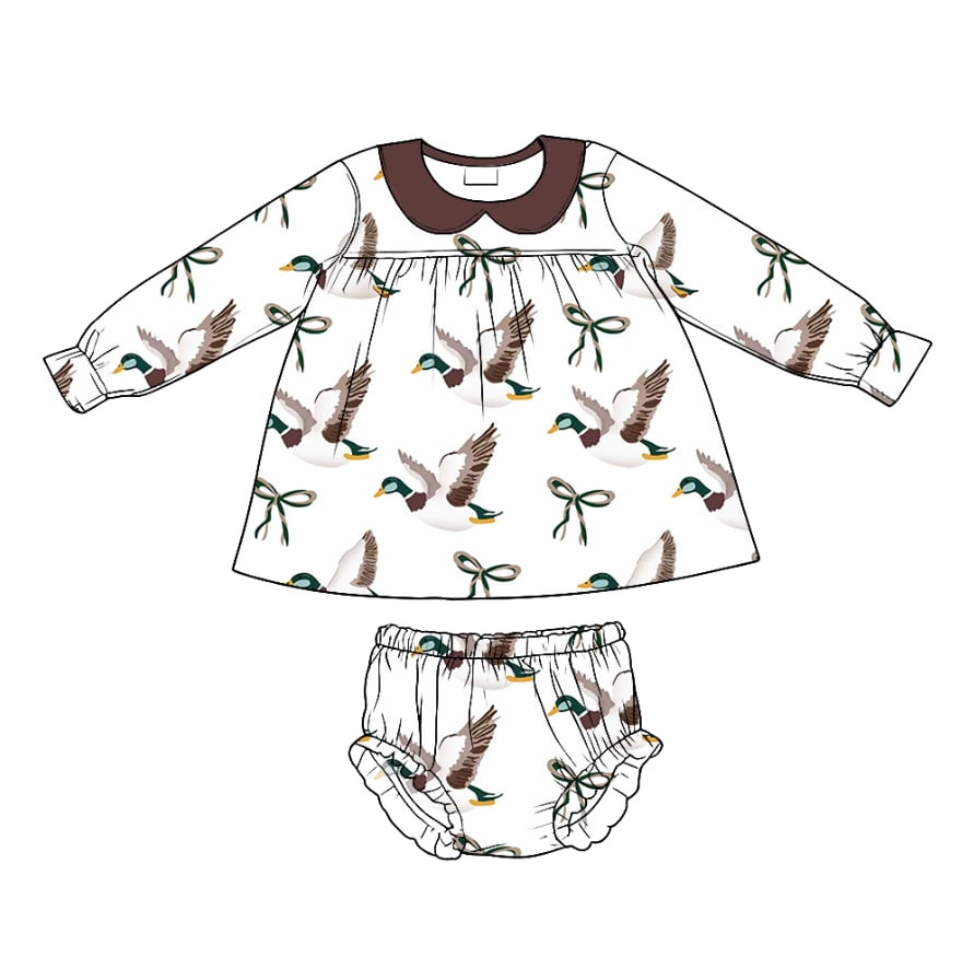 MOQ 5 PCS preorder GBO0489 Duck Hunting Brown Doll Collar Long Sleeve Bubble Bummies Girls Sets 202511