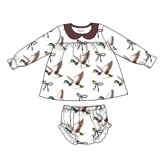 MOQ 5 PCS preorder GBO0489 Duck Hunting Brown Doll Collar Long Sleeve Bubble Bummies Girls Sets 202511