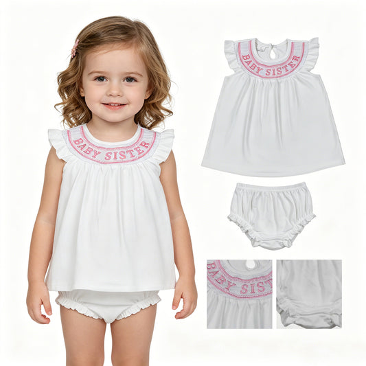GBO0490 Smocked BABY SISTER Pink White Flying Sleeve Bubble Bummies Girls Sets 202604 RTS