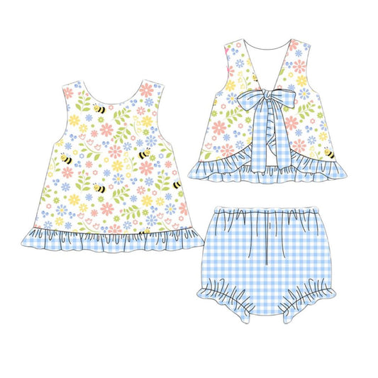 MOQ 5 PCS preorder GBO0491 Bees Flowers Leaves Blue Plaid Bow Sleeveless Bubble Bummies Girls Sets 202511