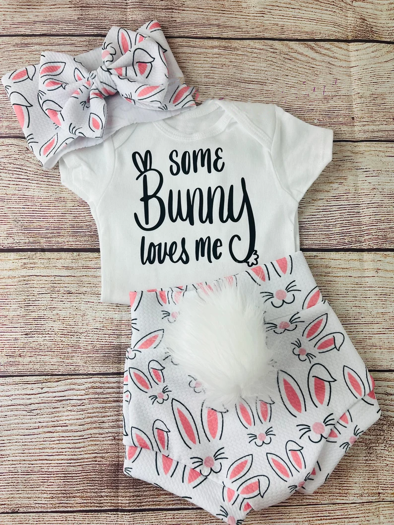MOQ 5 PCS preorder GBO0493 Easter Bunny White Short Sleeve Bummies Girls Sets 202512