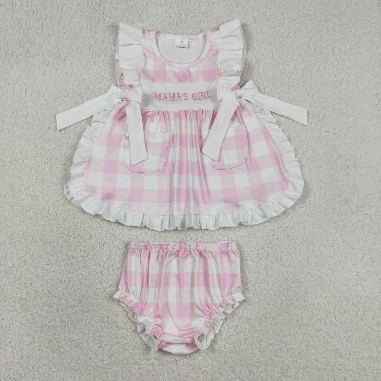GBO0495 Embroidered MAMA'S GIRL Pink White Plaid Ruffle Pocket Sleeveless Bummies Girls Sets 202605 RTS