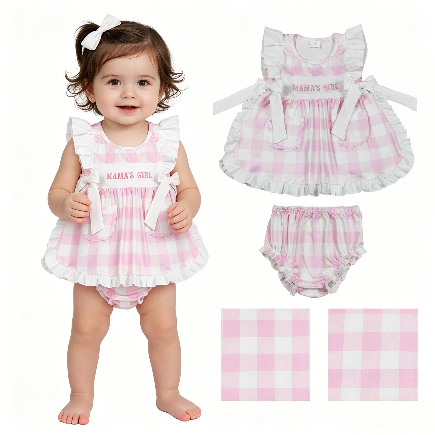 GBO0495 Embroidered MAMA'S GIRL Pink White Plaid Ruffle Pocket Sleeveless Bummies Girls Sets 202605 RTS