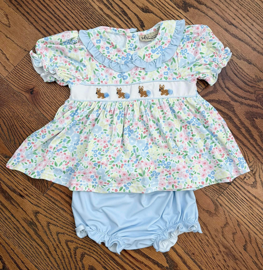 MOQ 5 PCS preorder GBO0497 Easter Bunny Flower Leaf Blue Ruffle Doll Collar Short Sleeve Bummies Girls Sets 202601