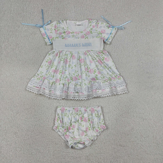 GBO0498 Smocked MAMA'S MINI Flower Leaf Lace Ruffle Short Sleeve Bummies Girls Sets 202604 RTS