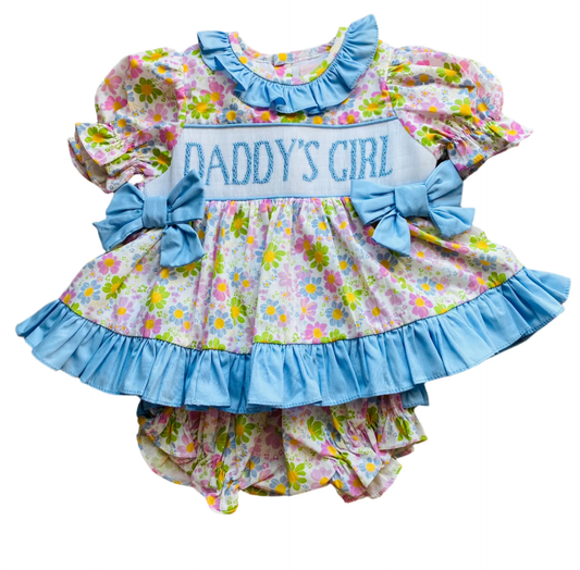 MOQ 5 PCS preorder GBO0499 DADDY'S GIRL Flower Leaf Blue Ruffle Short Sleeve Bummies Girls Sets 202601