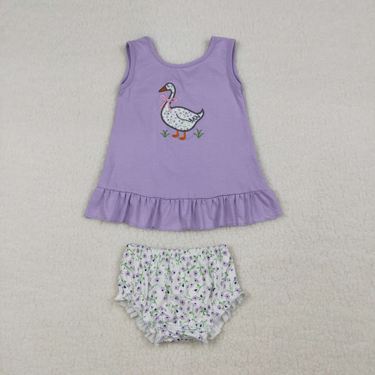 GBO0502 Embroidered Goose Bow Floral Purple Ruffle Sleeveless Bummies Girls Sets 202603 RTS
