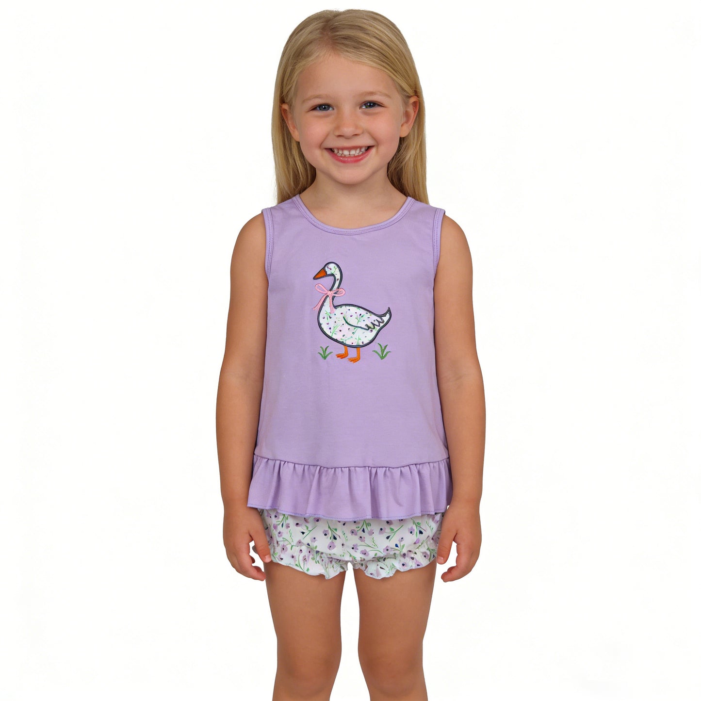 GBO0502 Embroidered Goose Bow Floral Purple Ruffle Sleeveless Bummies Girls Sets 202603 RTS