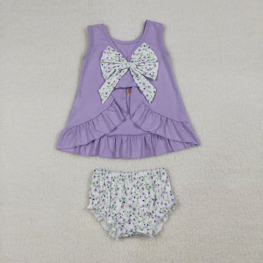 GBO0502 Embroidered Goose Bow Floral Purple Ruffle Sleeveless Bummies Girls Sets 202603 RTS