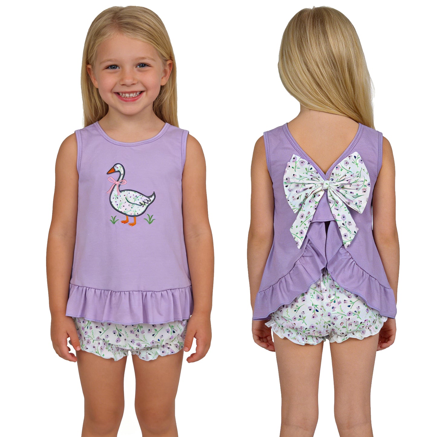 GBO0502 Embroidered Goose Bow Floral Purple Ruffle Sleeveless Bummies Girls Sets 202603 RTS
