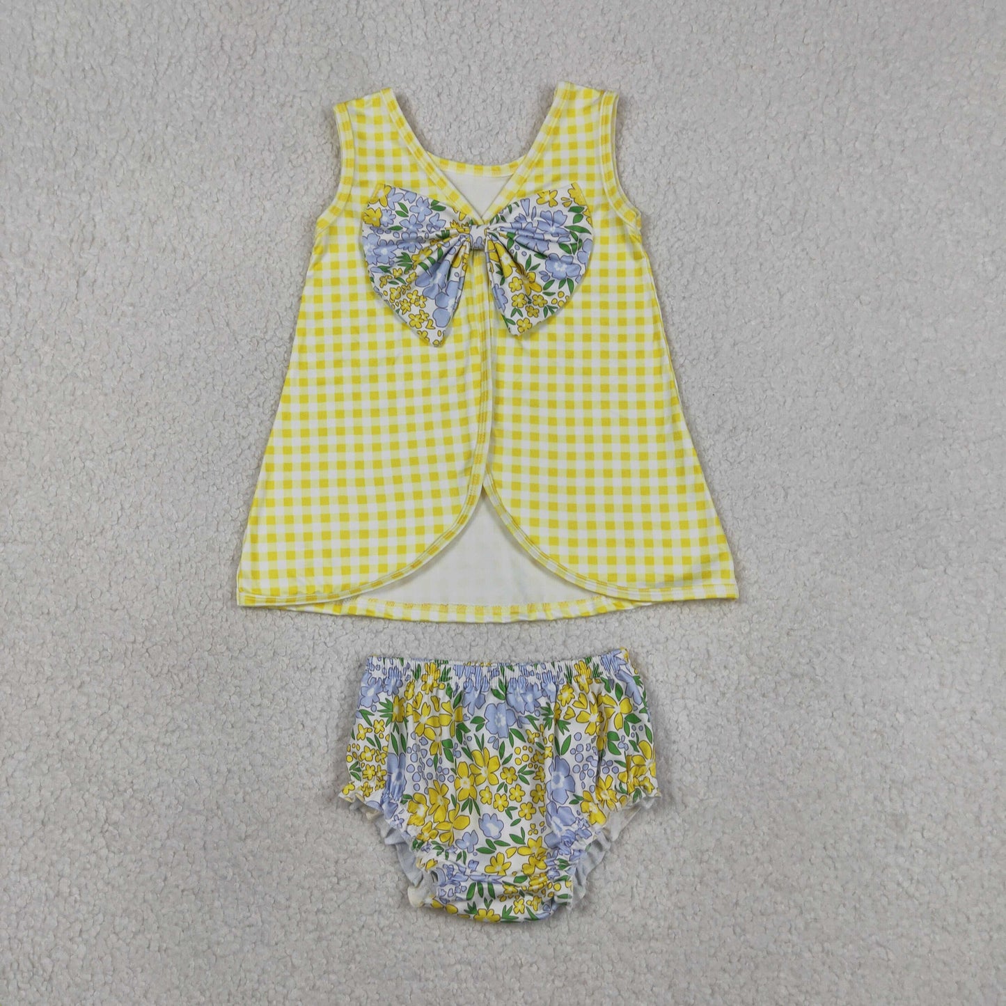 GBO0504 Flower Bow Yellow Plaid Sleeveless Bummies Girls Sets 202604 RTS