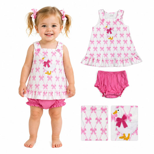 GBO0505 Embroidered Goose Rose Red Bows White Sleeveless Bummies Girls Sets 202604 RTS
