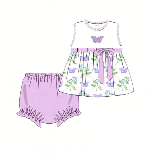 MOQ 5 PCS preorder GBO0506 Purple Butterflies Bow Sleeveless Bummies Girls Sets 202601