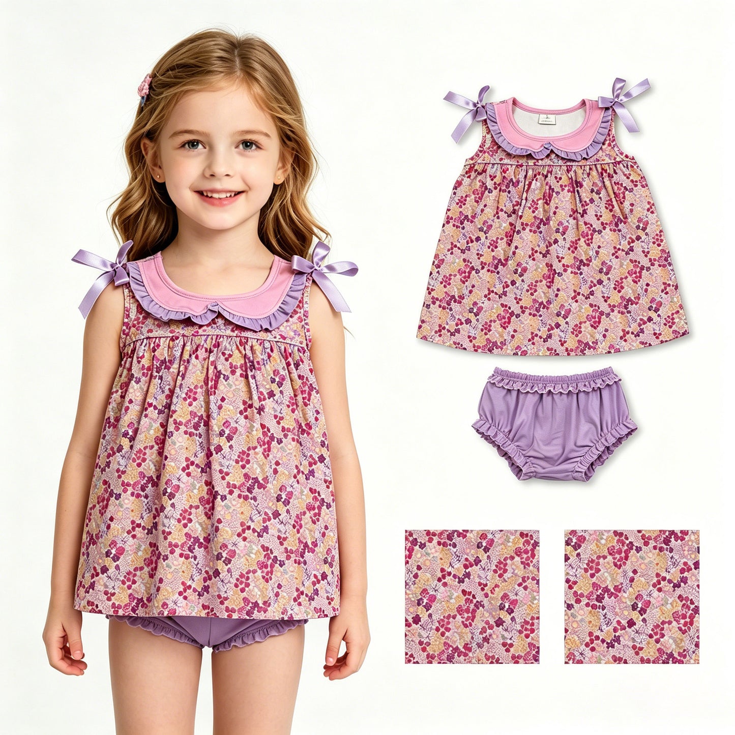 GBO0507 Floral Purple Ruffle Sleeveless Bummies Girls Sets 202604 RTS
