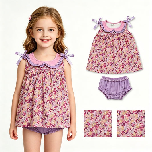GBO0507 Floral Purple Ruffle Sleeveless Bummies Girls Sets 202604 RTS
