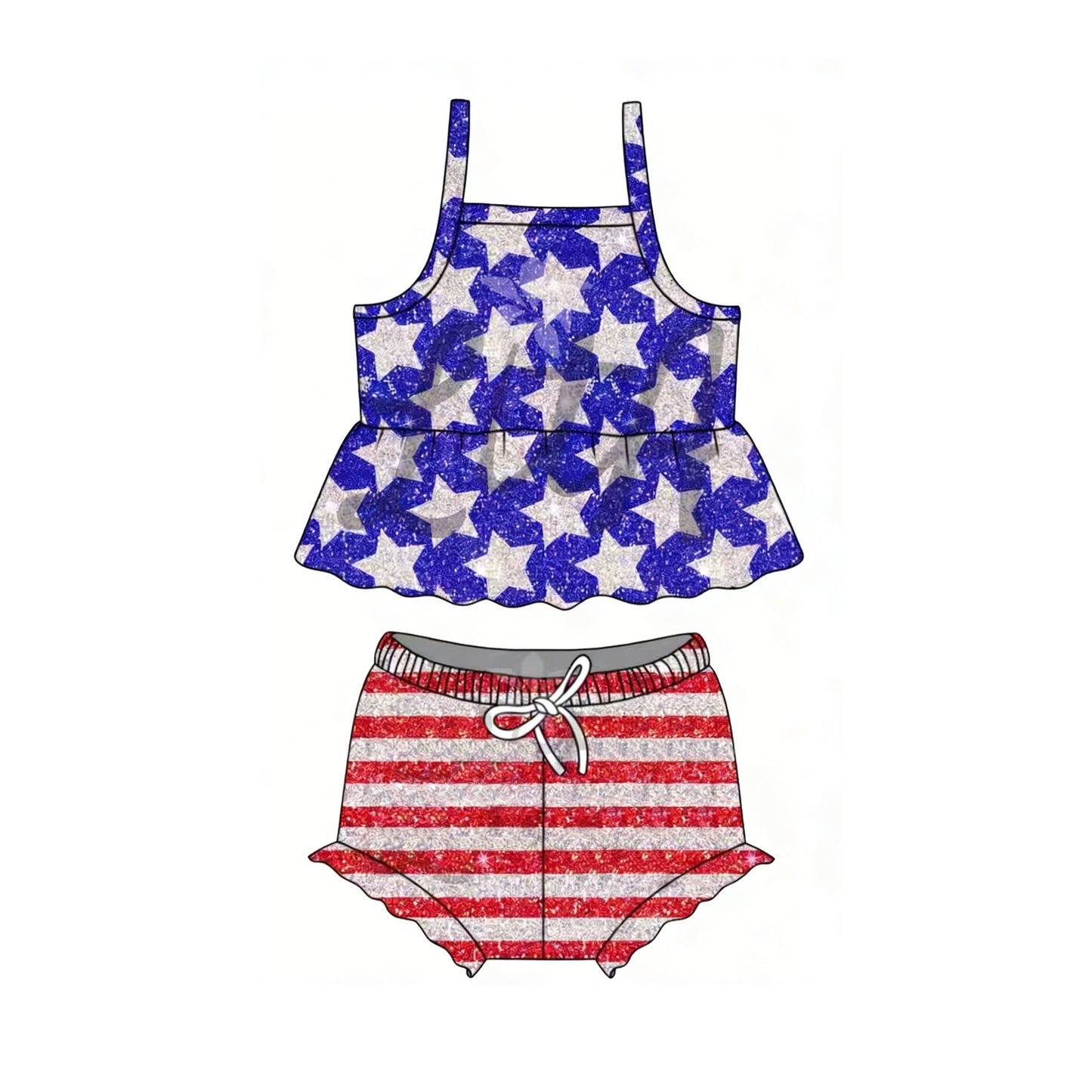 MOQ 5 PCS preorder GBO0508 4th of July Star Stripe Sleeveless Bummies Girls Sets 202603