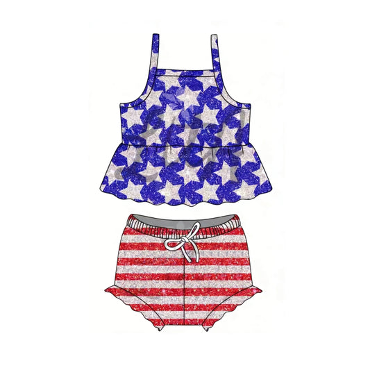 MOQ 5 PCS preorder GBO0508 4th of July Star Stripe Sleeveless Bummies Girls Sets 202603