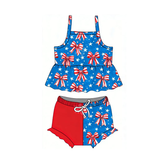 MOQ 5 PCS preorder GBO0509 4th of July Star Bows Sleeveless Bummies Girls Sets 202603