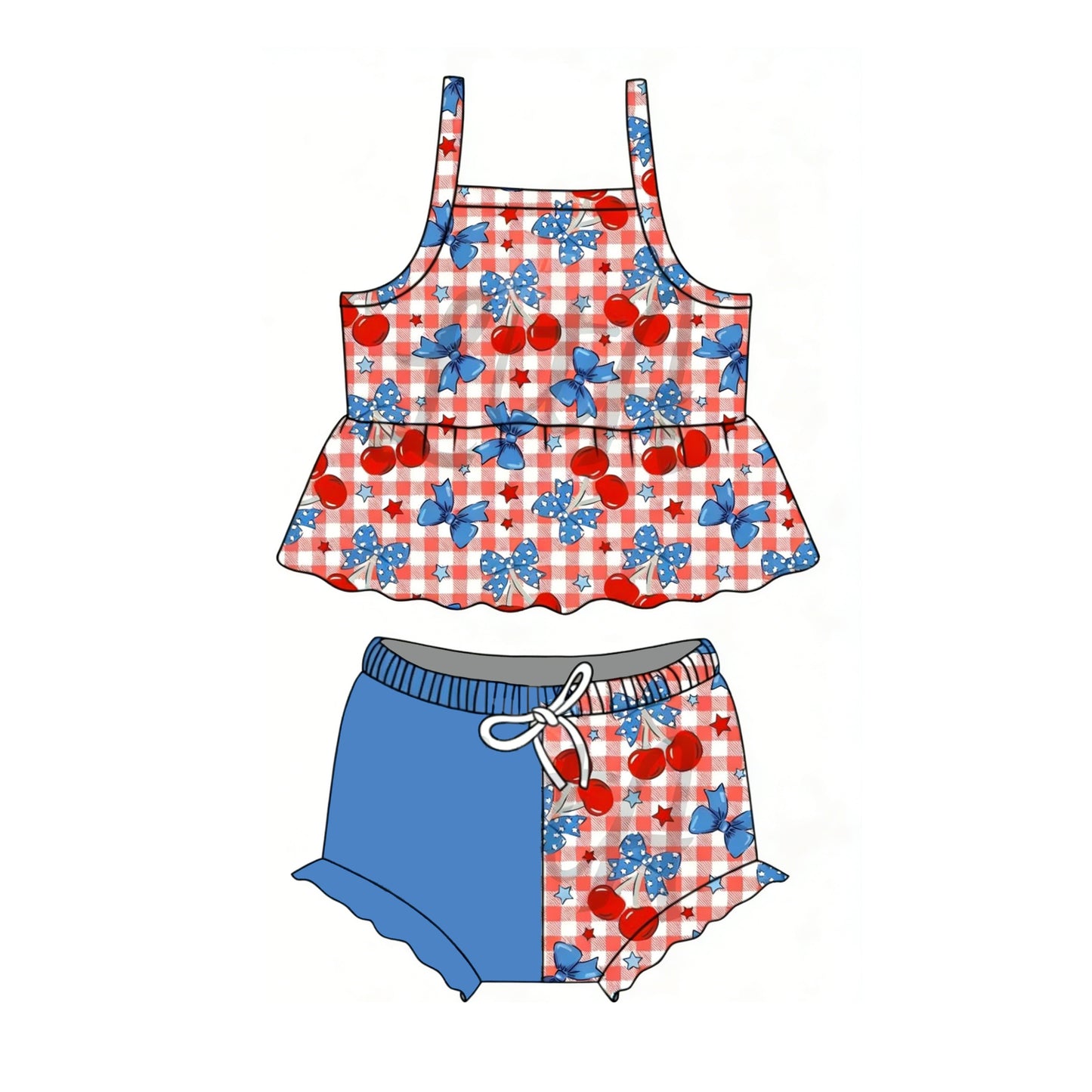 MOQ 5 PCS preorder GBO0510 4th of July Star Bows Cherry Plaid Sleeveless Bummies Girls Sets 202603