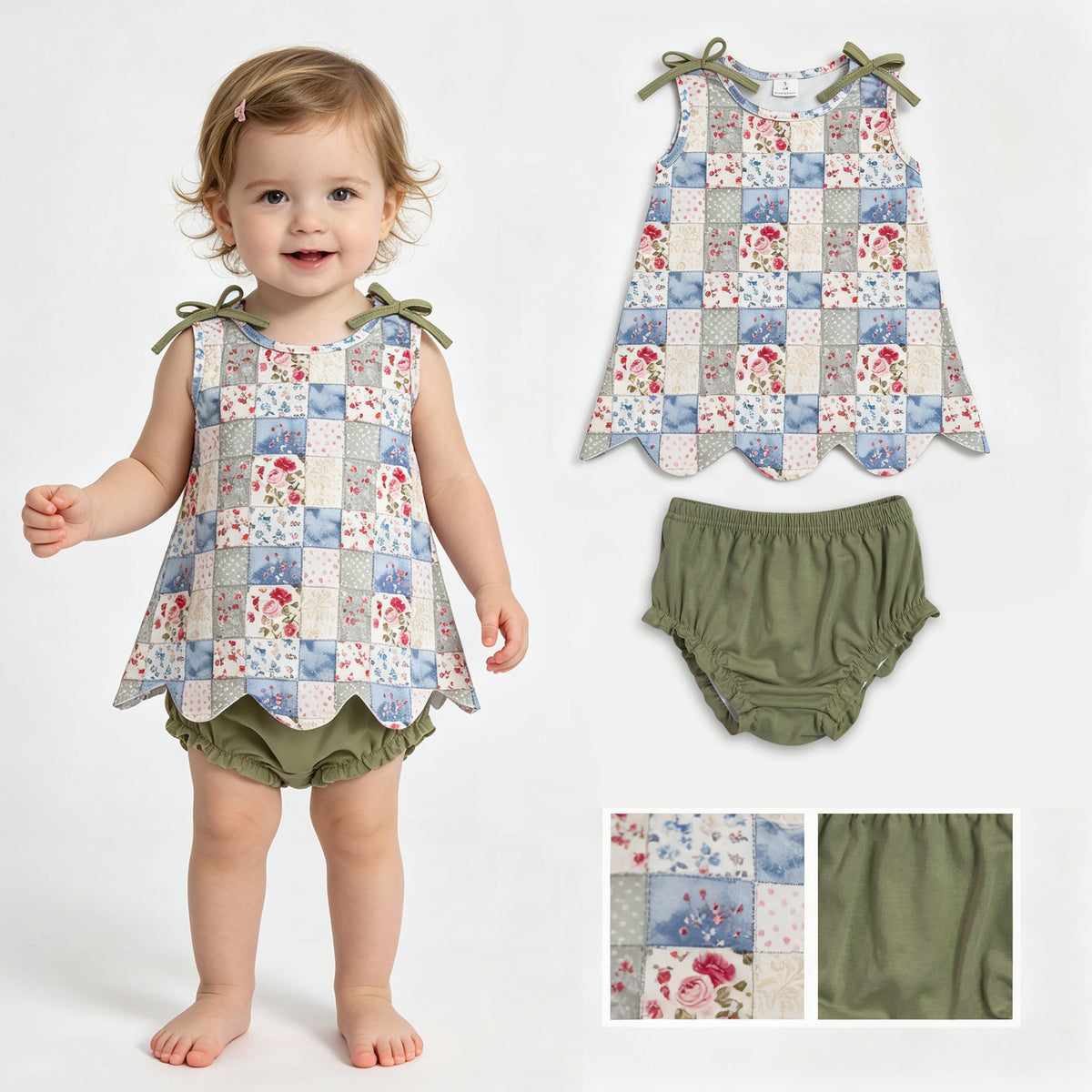 GBO0511 Flower Dots Plaid Pea Green Sleeveless Bummies Girls Sets 202607 RTS