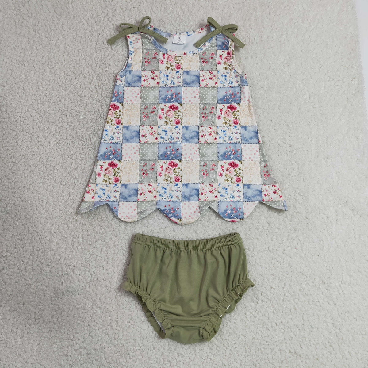 GBO0511 Flower Dots Plaid Pea Green Sleeveless Bummies Girls Sets 202607 RTS