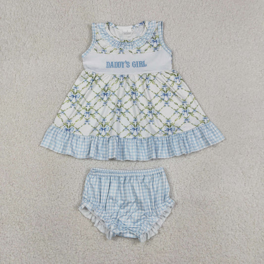 GBO0512 Embroidered Daddy's Girl Blue Plaid Bows Sleeveless Bummies Girls Sets 202605 RTS