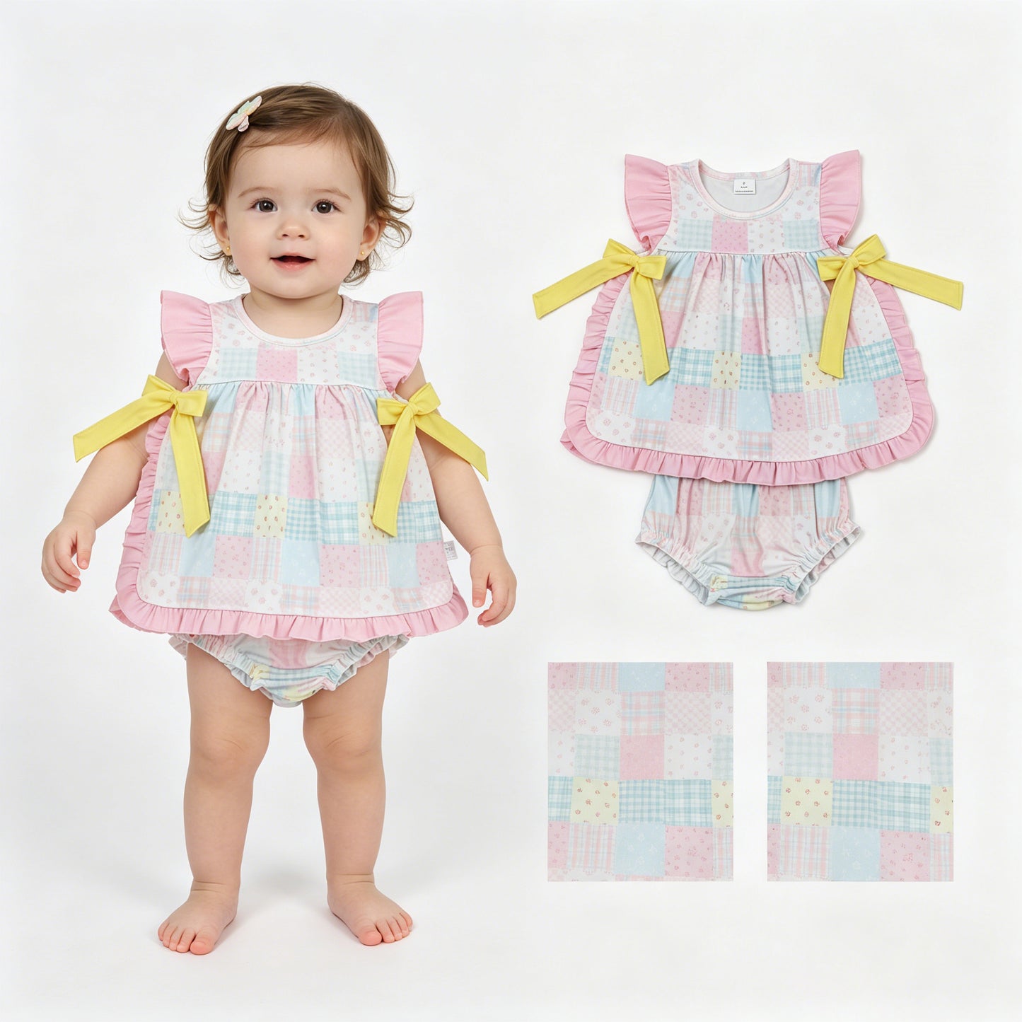 GBO0513 Flower Plaid Patchwork Bows Ruffle Sleeveless Bummies Sweet Girls Sets 202605 RTS