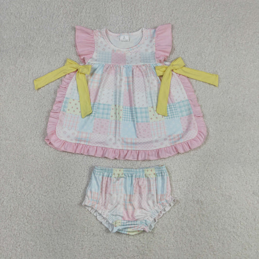 GBO0513 Flower Plaid Patchwork Bows Ruffle Sleeveless Bummies Sweet Girls Sets 202605 RTS