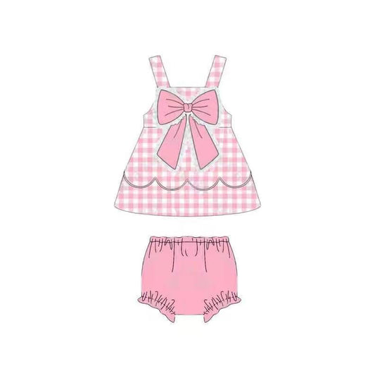 MOQ 5 PCS preorder GBO0514 Bow Pink Plaid Lace Ruffle Sleeveless Bummies Girls Sets 202603
