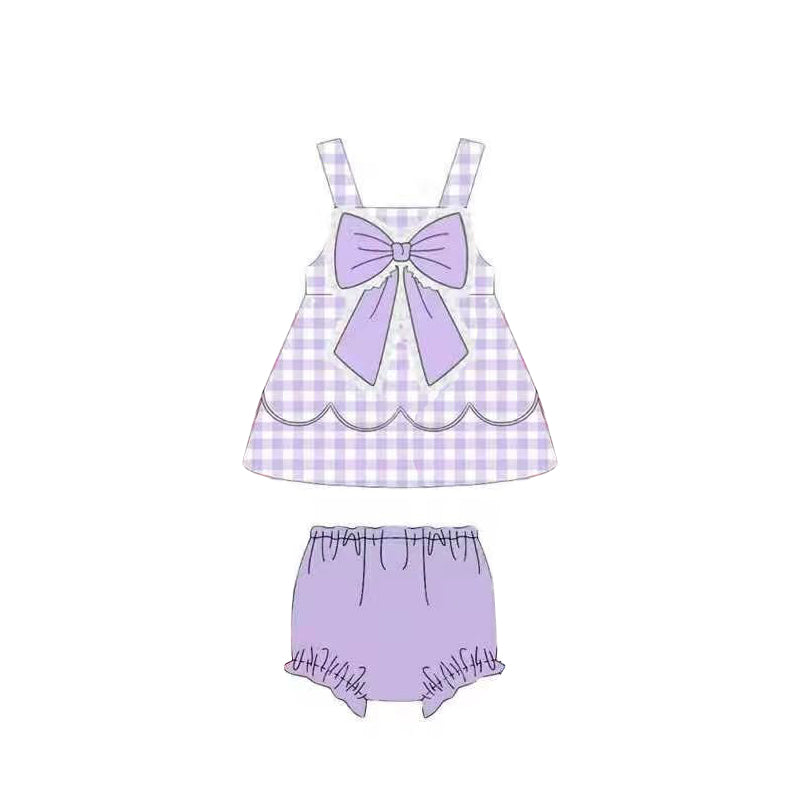 MOQ 5 PCS preorder GBO0515 Bow Purple Plaid Lace Ruffle Sleeveless Bummies Girls Sets 202603