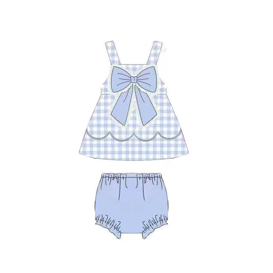 MOQ 5 PCS preorder GBO0516 Bow Blue Plaid Lace Ruffle Sleeveless Bummies Girls Sets 202603