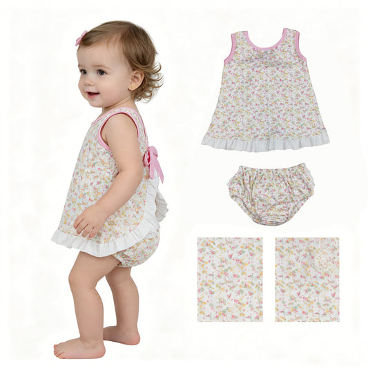 GBO0518 Floral Lace Ruffle Pink Bow Sleeveless Bummies Girls Sets 202605 RTS