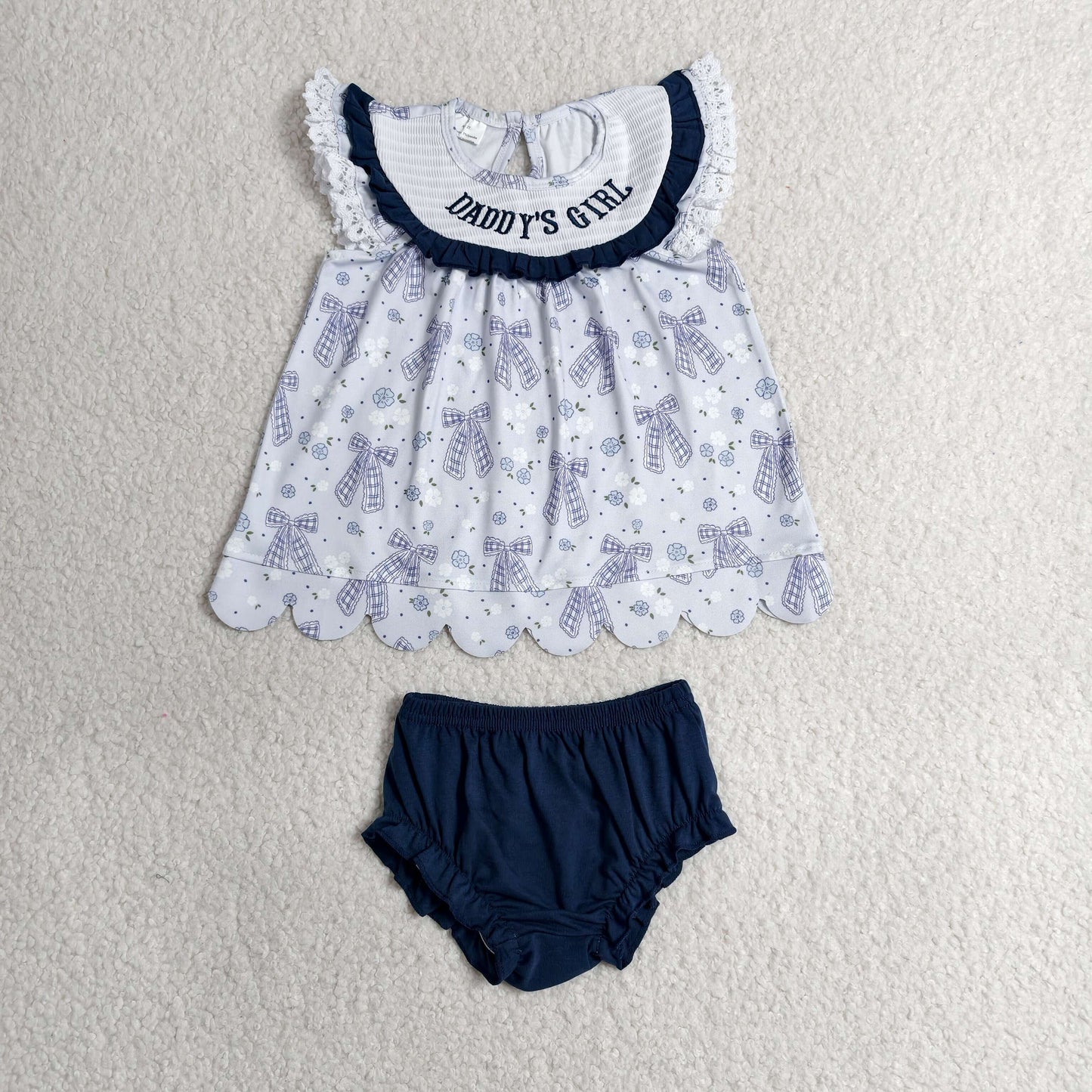 GBO0519 Smocked DADDY'S GIRL Flower Bows Navy Ruffle Fly Sleeve Bummies Girls Sets 202606 RTS