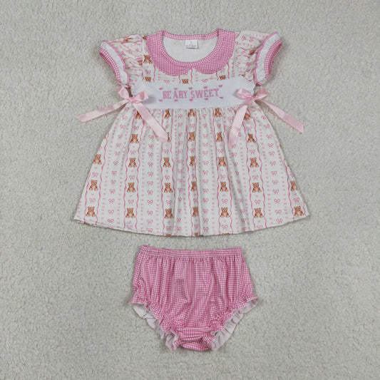 GBO0520 Embroidered Beary Sweet Bear Bows Doll Collar Pink Short Sleeve Bummies Girls Sets 202605 RTS